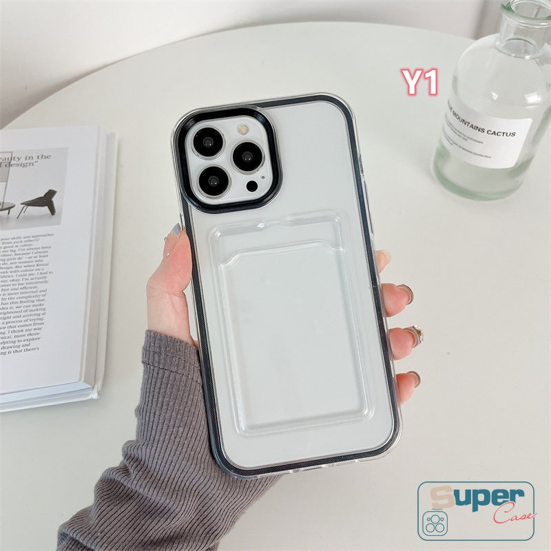 3in1 Soft Case Kartu Kredit Shockproof Warna Permen Polos Untuk iPhone 11 13 12 14 Pro MAX 7Plus 8Plus XR 7 8 6 6S Plus X XS MAX SE 2020