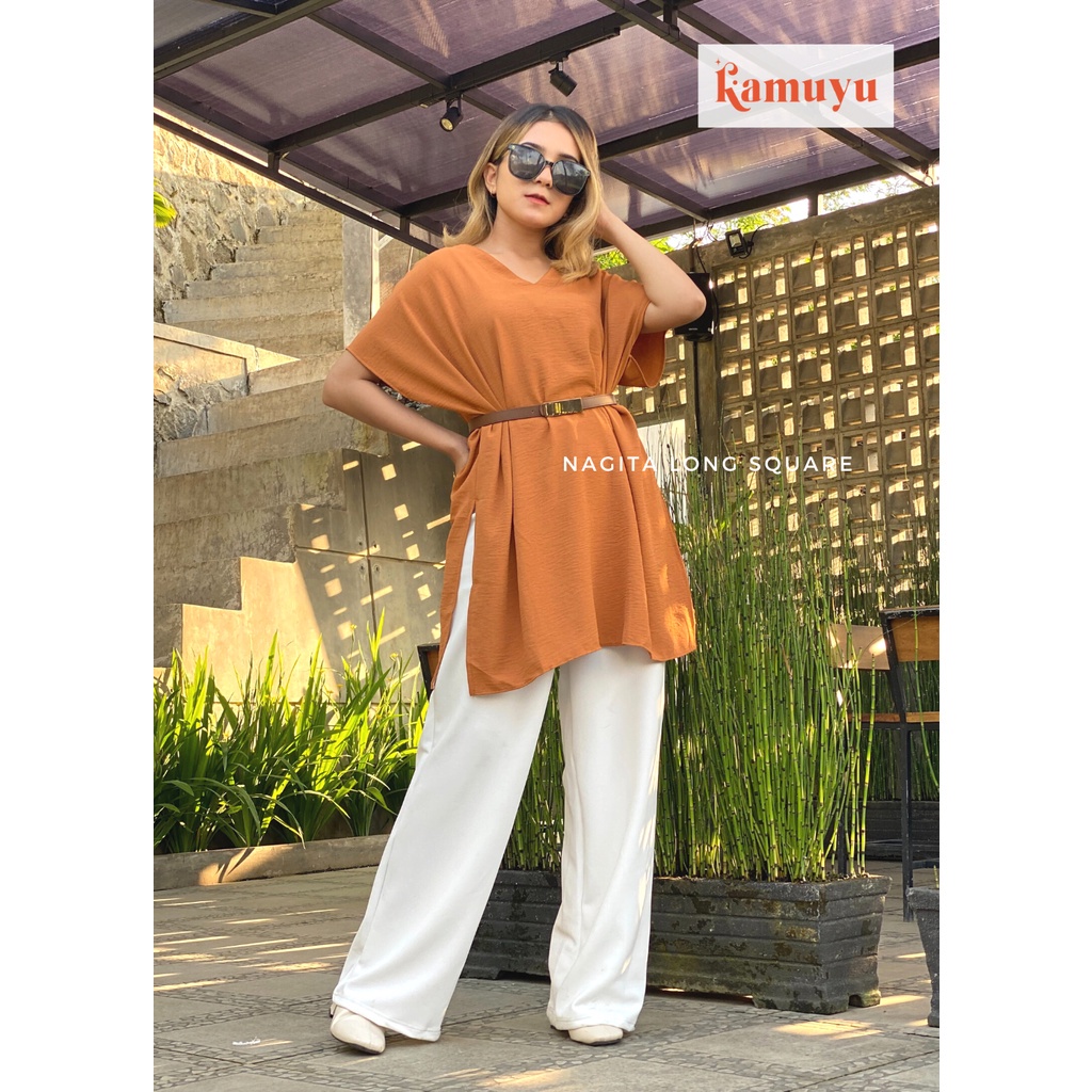 KAMUYU - NAGITA LONG SQUARE AIRFLOW CRINKLE BLOUSE ATASAN BIG SIZE WANITA OVERSIZED TOP CEWEK KASUAL Bisa COD