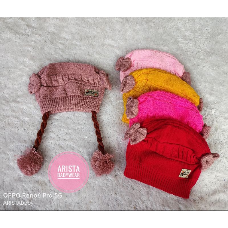 topi/kupluk bayi rajut premium tebal halus model pita kepang pompom (0-18bln)