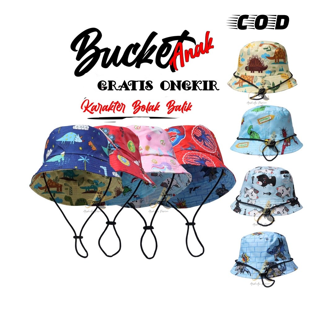Topi Bucket Anak 2 Karakter Bolak Balik Ada Tali Makassar