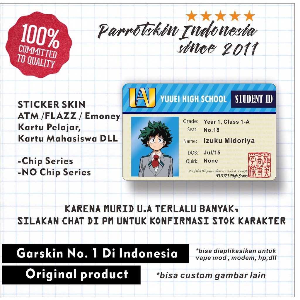 Sticker Skin Card Vinyl ATM Debit Credit Emoney Flazz My Hero Academia student ID card