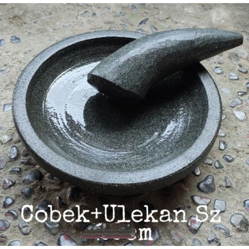 cobek batu asli plus ulekan 18 cm , cobek batu bubut asli 18cm