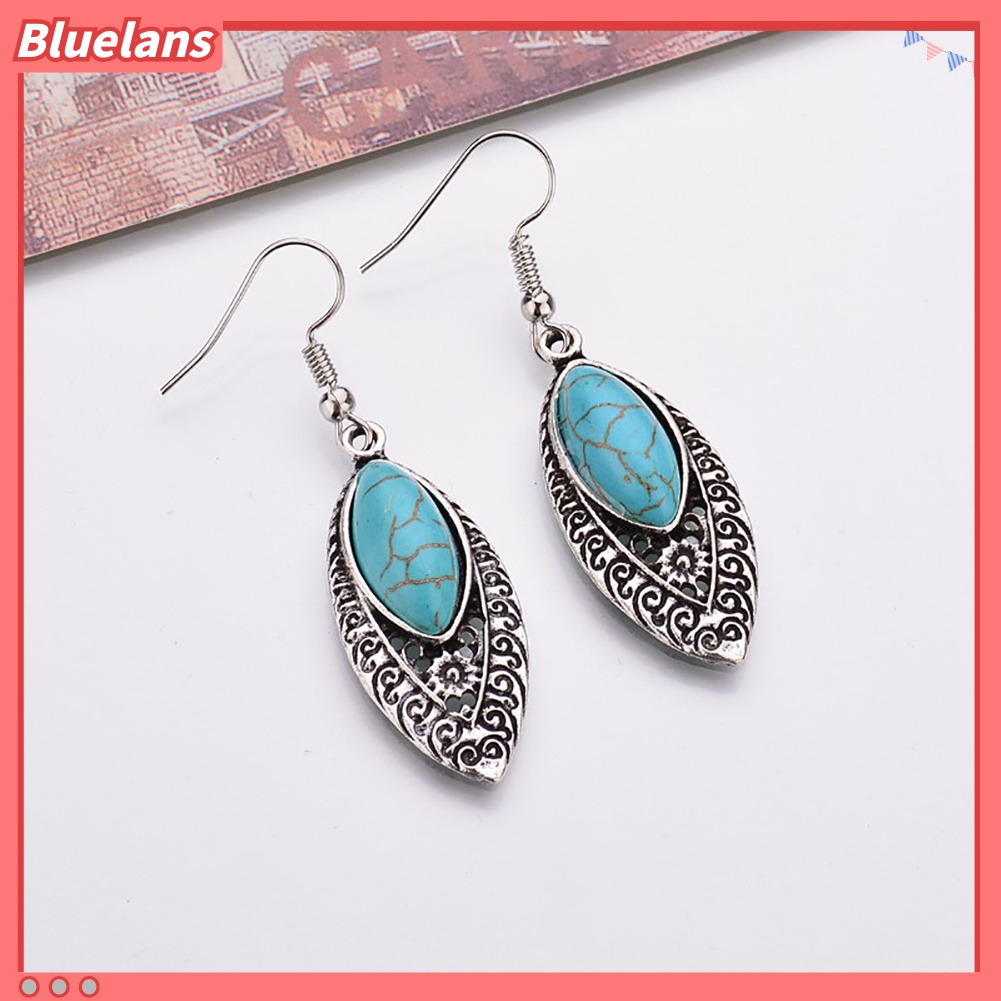 Anting Kait Gantung Desain Ukiran Hollow Hias Turquoise Imitasi Gaya Bohemian Untuk Wanita