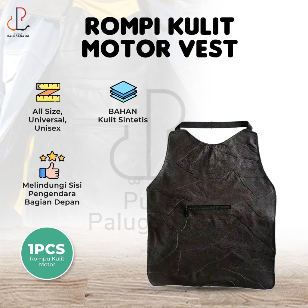 Rompi Kulit Motor Pelindung Dada 1 Sisi Saku Depan Strep All Size Vest Penahan Anti Angin Windbreaker