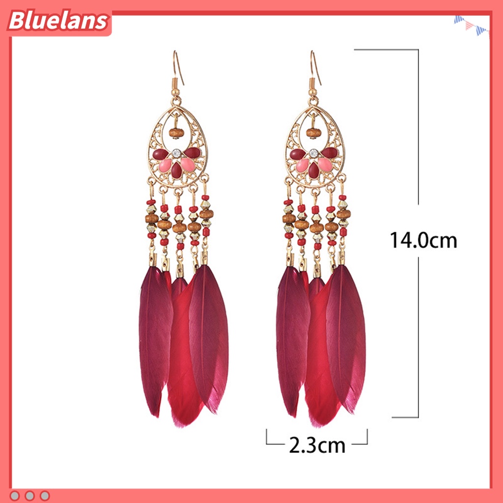 1 Pasang Anting Kait Rumbai Panjang Model Hollow Bahan Kayu Aksen Bulu Gaya Bohemian Untuk Hadiah