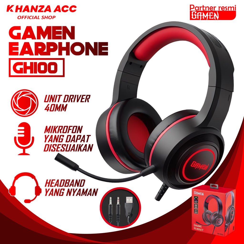 KHANZAACC GAMEN GH100 Headphone Gaming Black 3D Sound With Mic For PC / Handphone