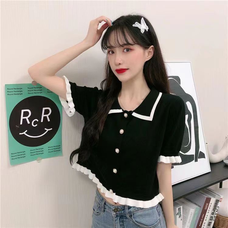 Knit Top Korea Baju Rajut Lengan Pendek Kaos Import Atasan Rajut  Wanita