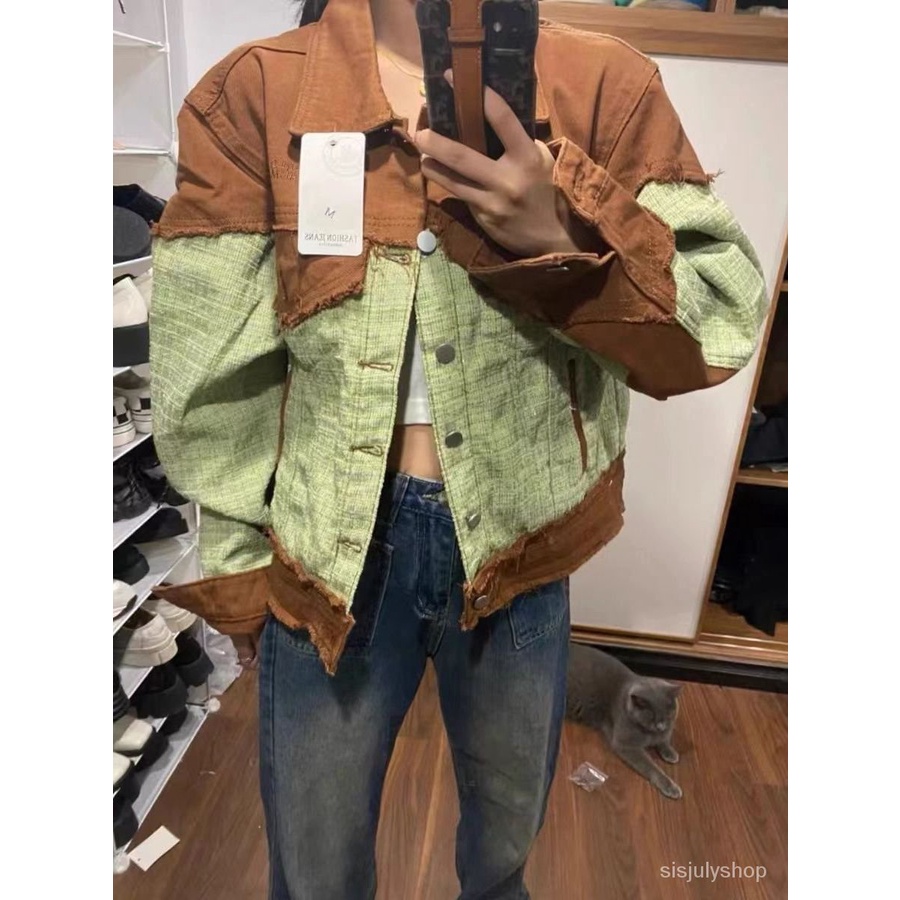 #Sisjuly# Jaket denim jaket wanita baru dupa kecil dupa angin splicing rasa longgar pasang atas