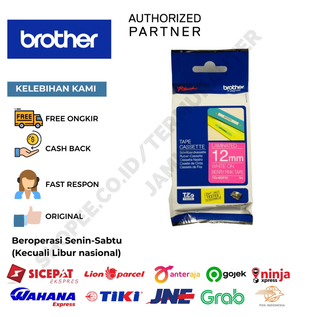 

BROTHER LABEL TZE-MQP35 TAPE CASSETTE WHITE ON BERRY PINK 12MM X 5M