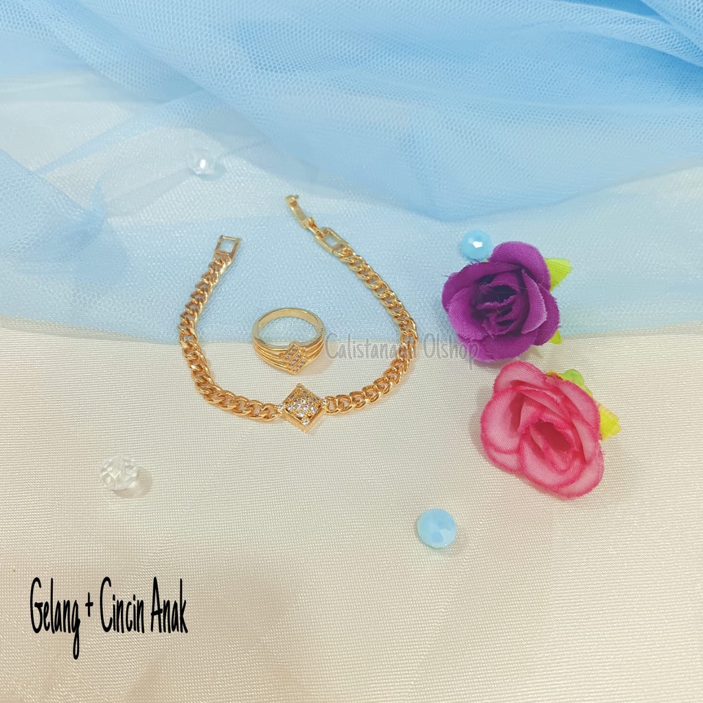 GELANG+CINCIN ANAK  GOLD PLAT ANAK MATA PERHIASAN EMAS KOREA ANTI KARAT DAN ANTI LUNTUR