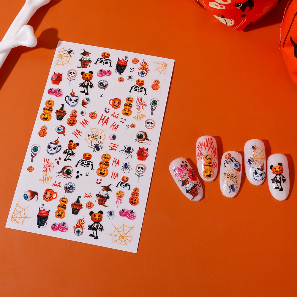 Stiker Kuku 3D Desain Kartun Tengkorak Labu Halloween Untuk Dekorasi Nail Art