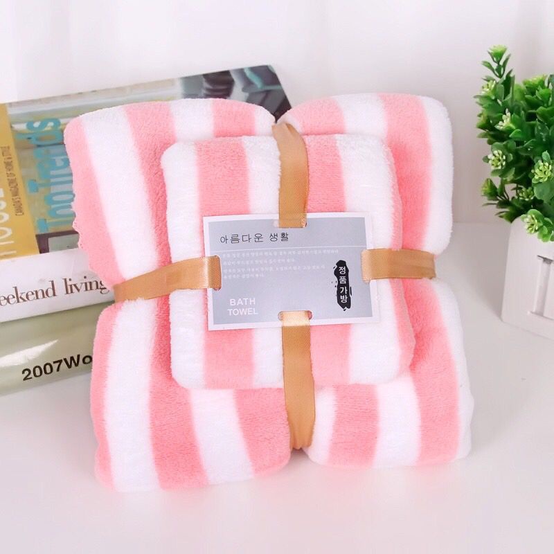 LID132- Handuk Mandi 2in1 Handuk Pengering Dengan Bahan Coral Fleece Halus High Quality Berwarna Motif Garis