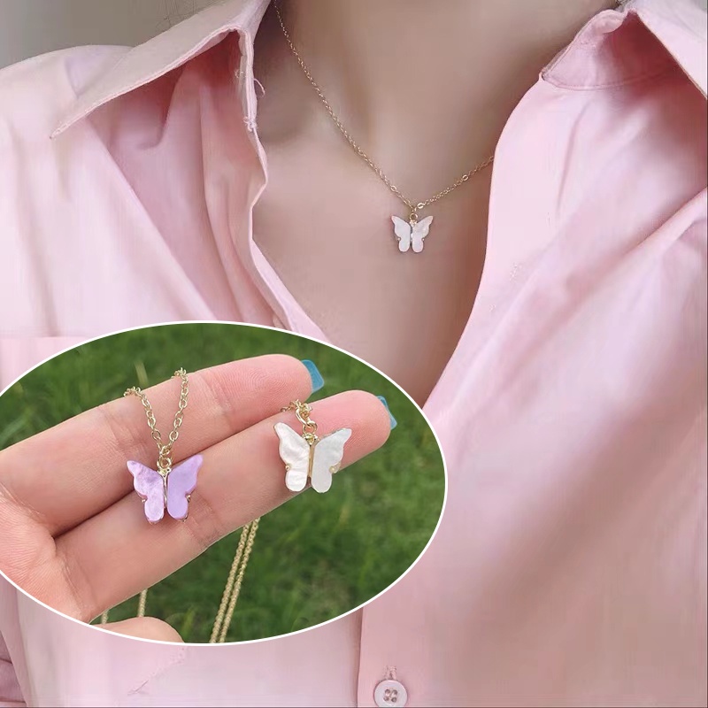 Butterfly Kalung Rantai Klavikula Desain Kupu-Kupu Warna Ungu Putih