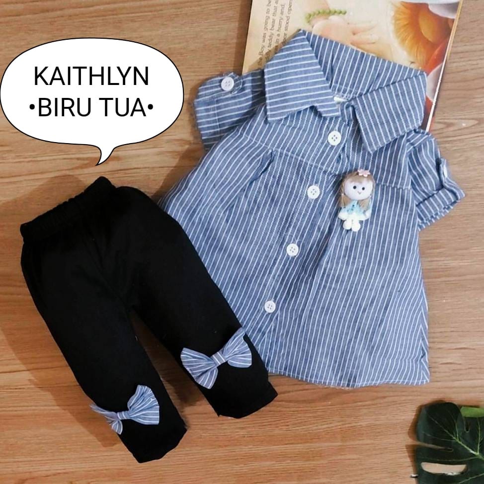 Setelan Baju Anak Perempuan / Baju Bayi Cewek Atasan Lengan Pendek Dan Celana Panjang Motif Keisha Denim Usia 0-6 Bulan