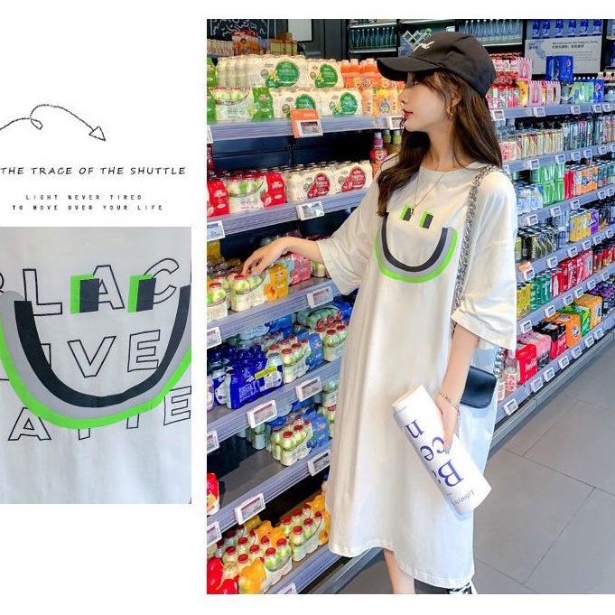 [littlecrab] Dress Kaos Oversize Bentuk Smile Black Live Matter Hitam Putih Neon Smily Baju Terusan Panjang Santai Simple Unik Elegan Berkualitas Emoticon Senyum Lengan Pendek Korean Style