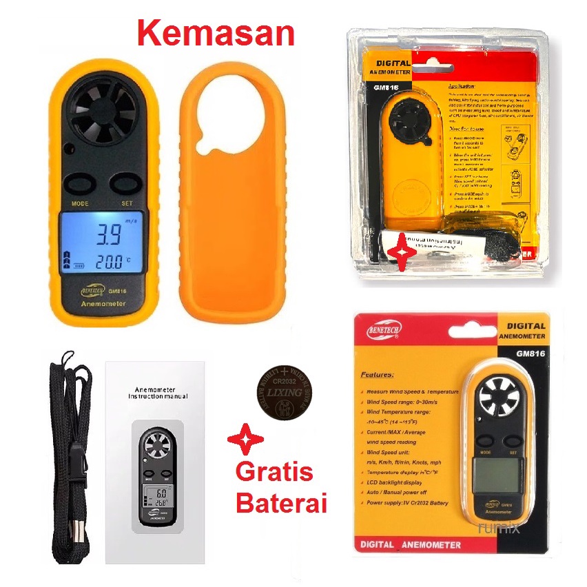 Digital Wind Anemometer GM816 Pengukur Kecepatan Angin GM 816 Tester Velocity Benetech Anemo Meter