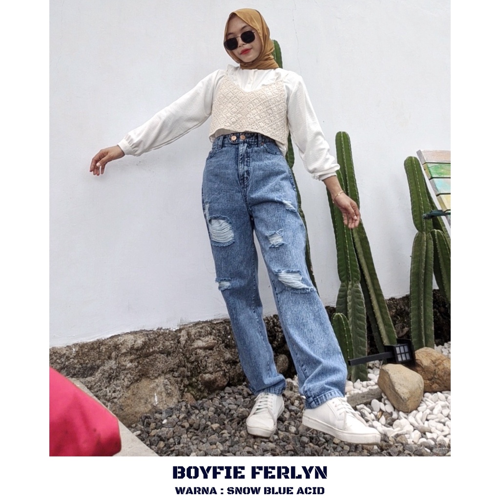 YAOSHI- Celana Denim/Jeans Wanita Pinggang Tinggi Boyfie Doble Button FERLYN