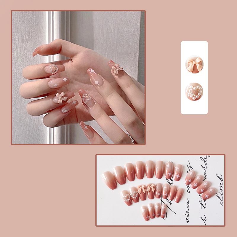 24pcs / set Kuku Palsu French Nail Art 3D DIY Dengan Hiasan Berlian Imitasi