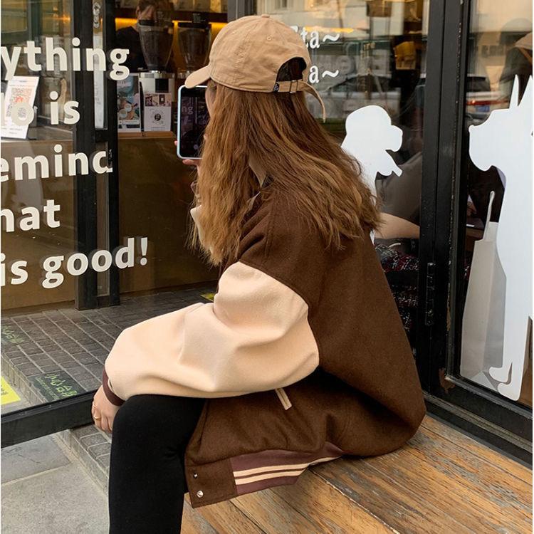 [littlecrab] Jaket Oversize Coklat Moka Polos List Stripe Jacket Couple Unisex Jaket Baseball Varsity Simple Elegan Two Tone Import Kancing Jepret Berkualitas Korean Style