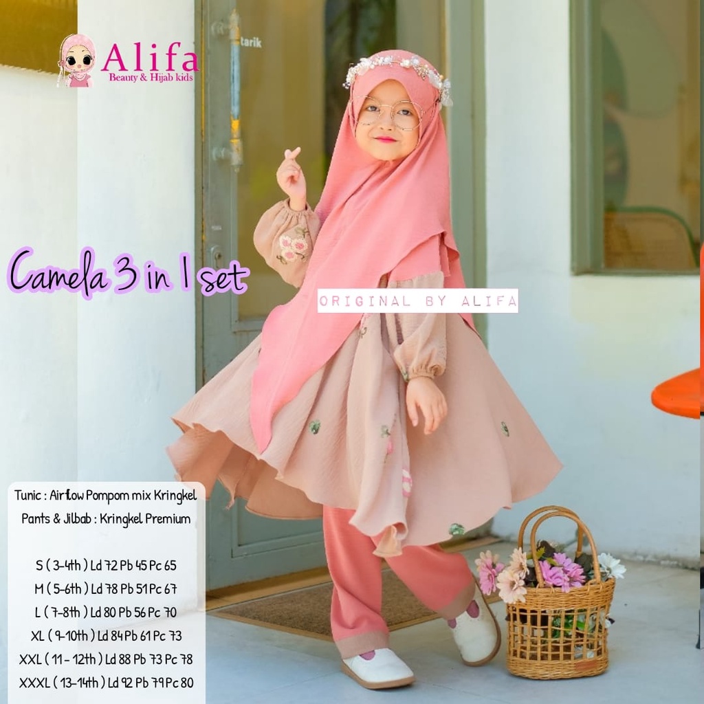 CAMELA 3IN1 SETELAN ANAK PEREMPUAN MUSLIM TUNIK ANAK PEREMPUAN PANJANG TUNIK ANAK CEWEK TUNIK ANAK U