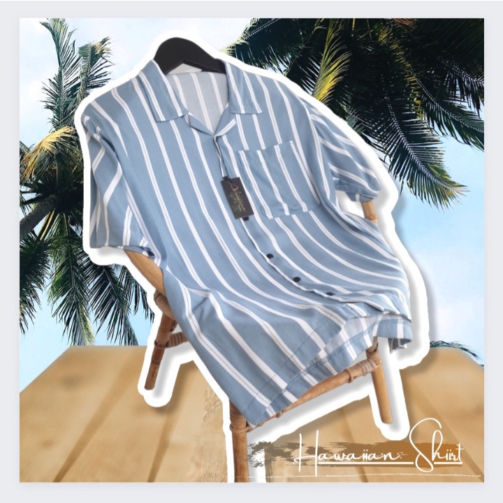 Baju Kemeja Pantai Bali Lengan Pendek Cowok Cewek Motif Garis Biru Putih Size Jumbo XS S M L XL XXL 