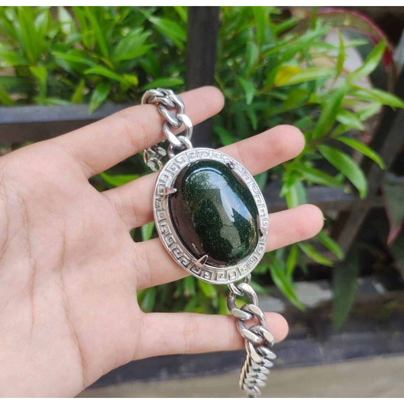 Gelang Titanium Batu Akik Pasir intan emas Hijau natural Model Jam Rantai