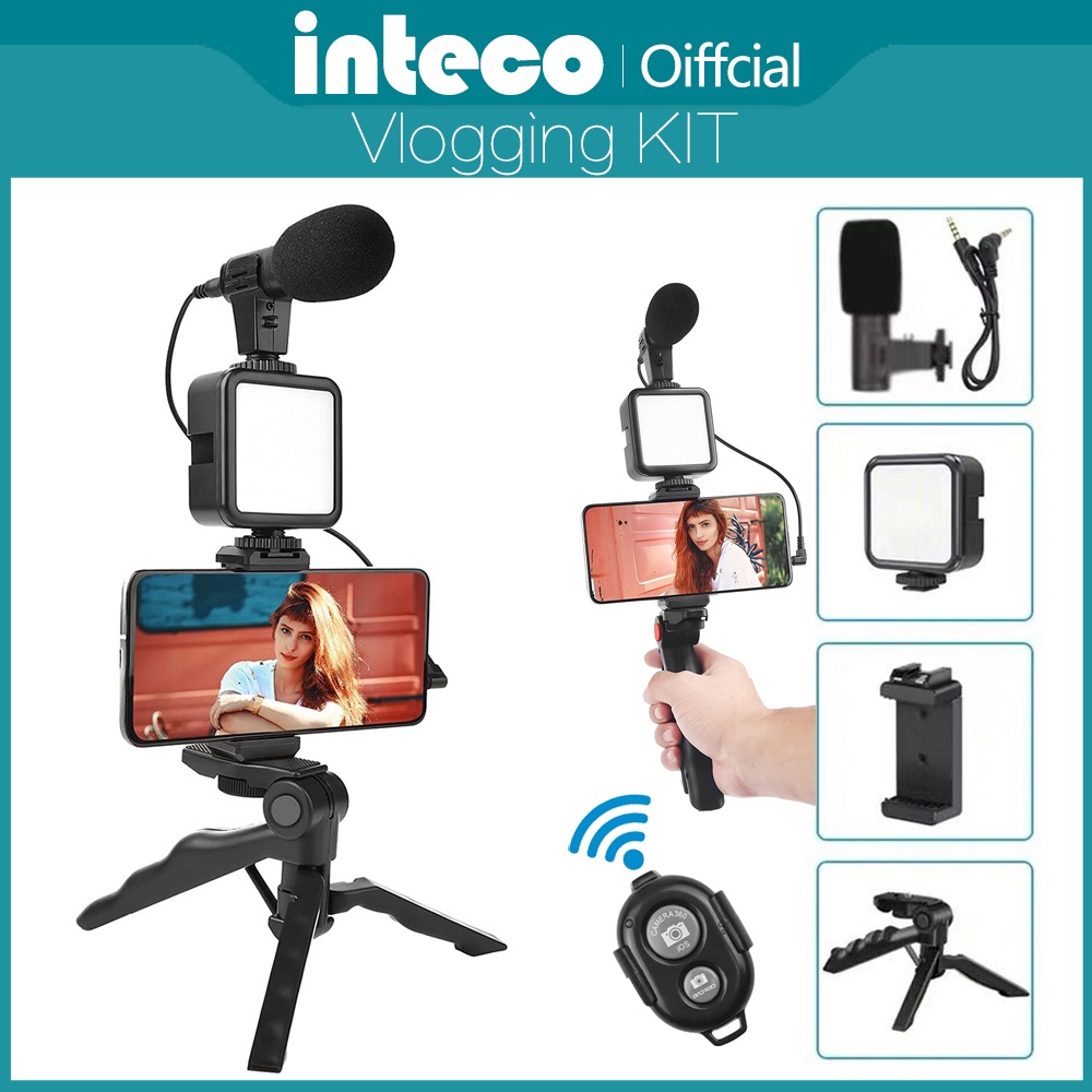 Vlogging Kit Paket Vlog 5 in 1 Led Video Light Phone Holder Tripod Microphone Remote Shutter AY-49