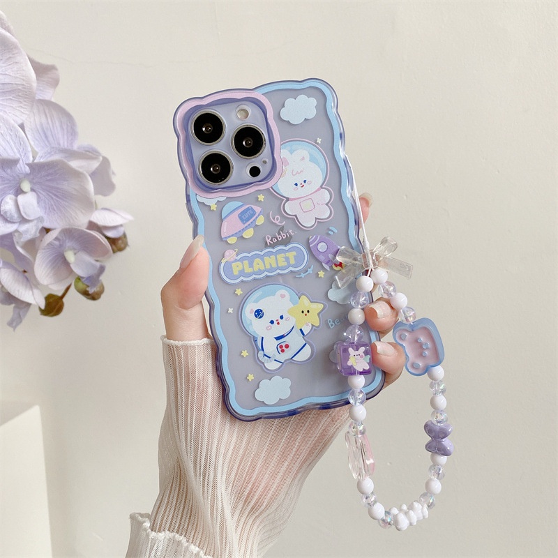 Case Transparan Bentuk Kartun Astronot Kelinci Dengan Rantai Manik-Manik Untuk Iphone 7 8 PLUS X XR XS 11 12 13 14 PRO MAX SE