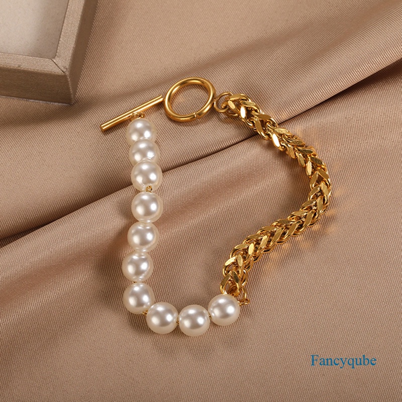 Gelang Rantai Desain Paperclip Aksen Mutiara Bahan Stainless Steel Untuk Wanita
