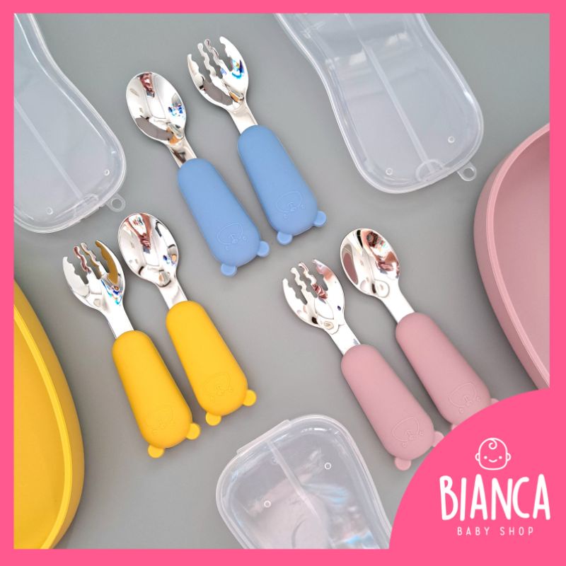 BIANCA - Sendok Garpu Anak Stainless 316 Motif Bear + Box Penyimpanan