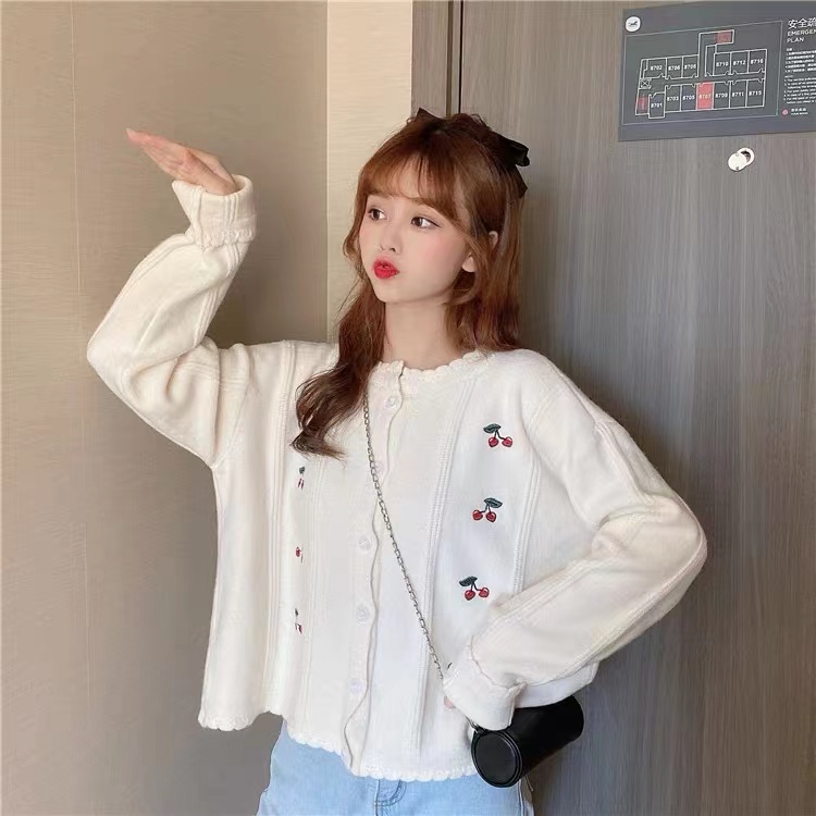 Monica Berry Cardigan Busana Kasual Cherry Cardigan Knit Cardigan Rajut Wanita Putih Biru Kuning