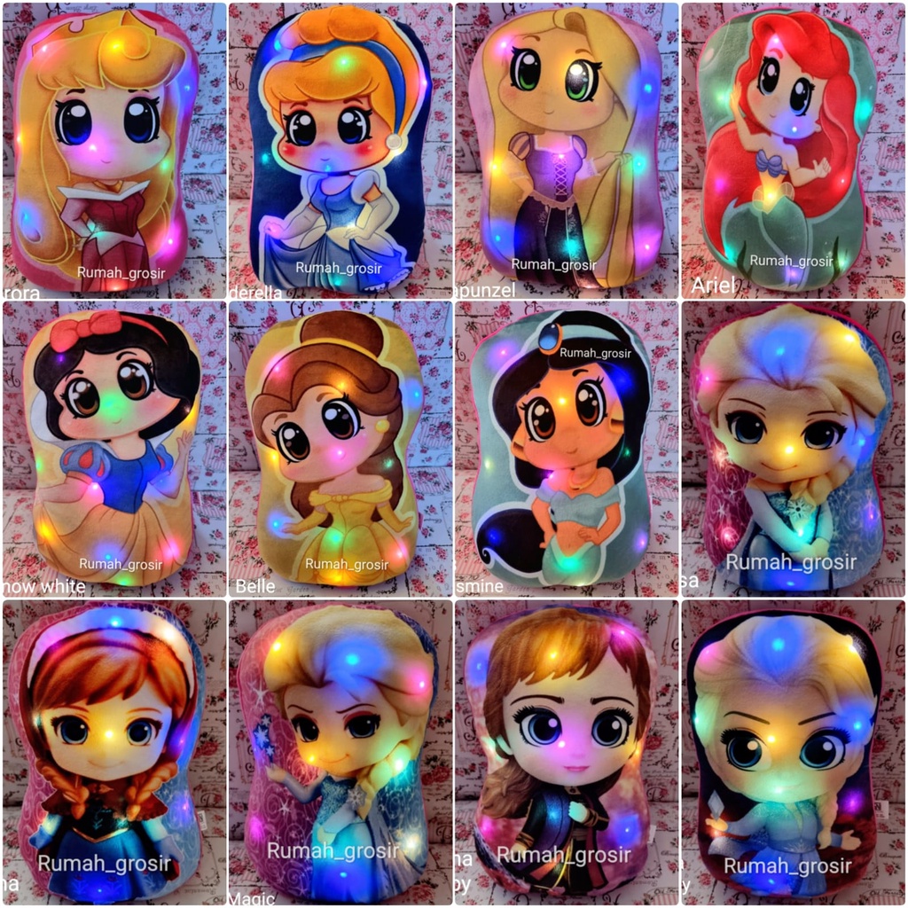 Bantal Boneka Cinderella Aurora Snow White Elsa Anna Ariel Belle Princess Fullbody LED Lampu