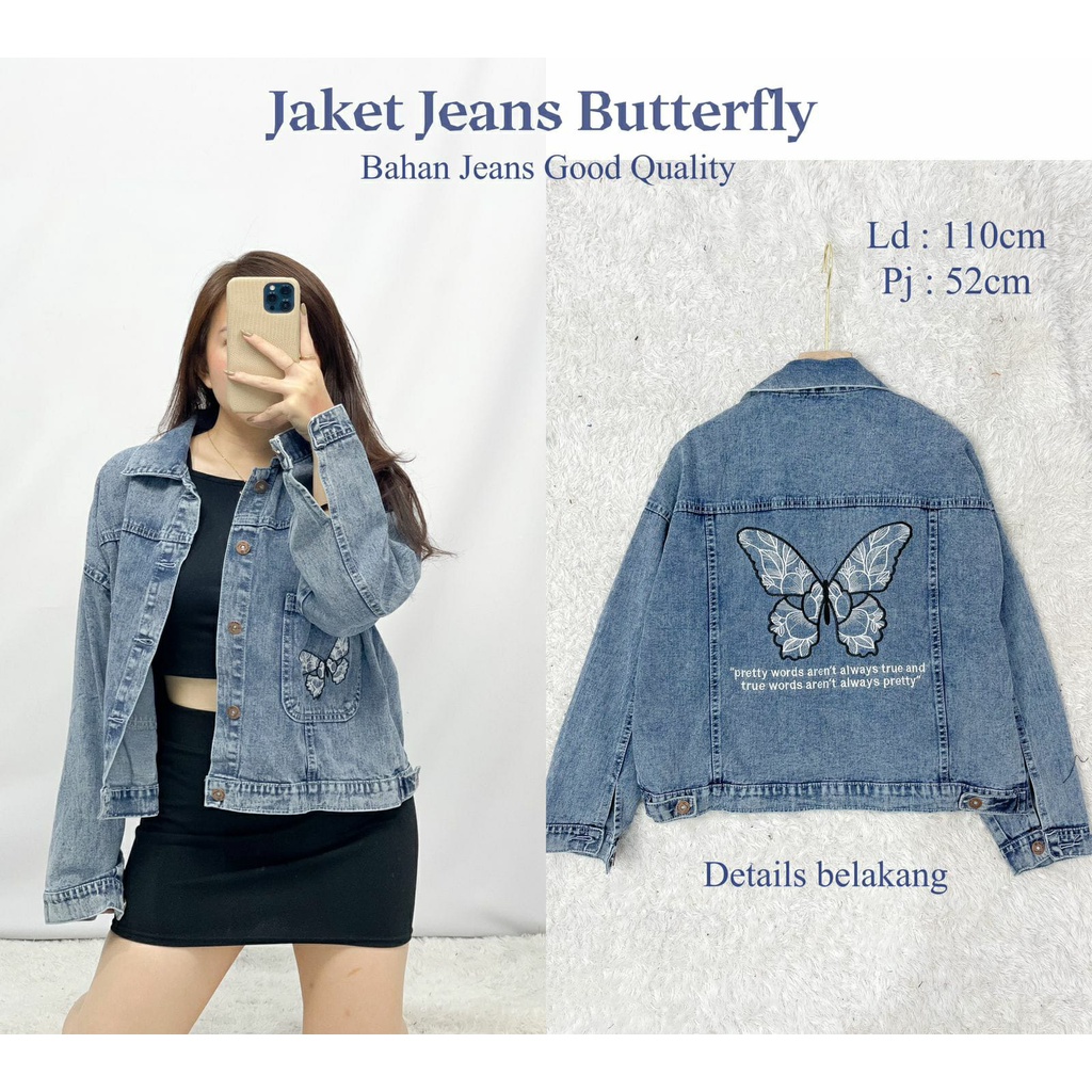 HOPYLOVY - Jaket Jeans Wanita Kekinian Kantong Depan Butterfly