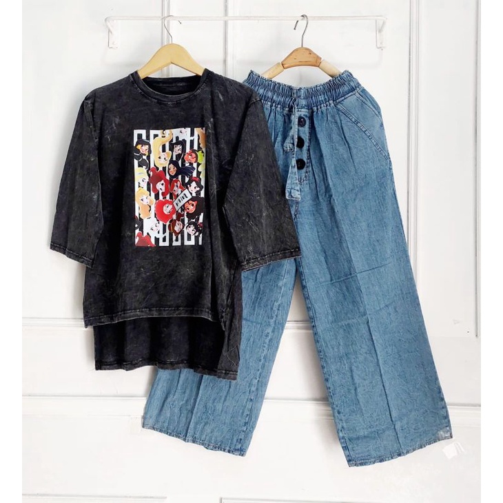 KULOT JEANS CARGO SET KAOS SALUR // Set Kulot Jeans Kaos Wash Blouse Salur / Setcel Jeans Wanita
