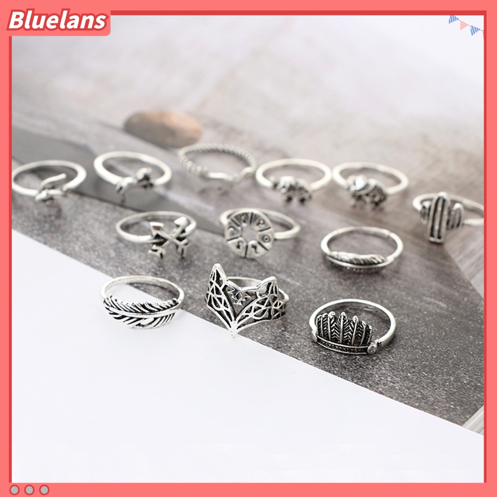 Bluelans 12Pcs Leaf Fox Elephant Design Rings Lady Vintage Knuckle Midi Stacking Ring