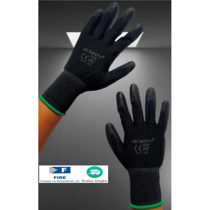 Sarung Tangan Satpam Anti Slip Hitam Black Hand Gloves Mekanik Montir Berkebun Tukang Telapak Tangan dilapisi karet Bahan Nylon Polyester Elektronik Assembly Static Multi Purpose Polyurethane Kerja Palmfit Safety Gloves