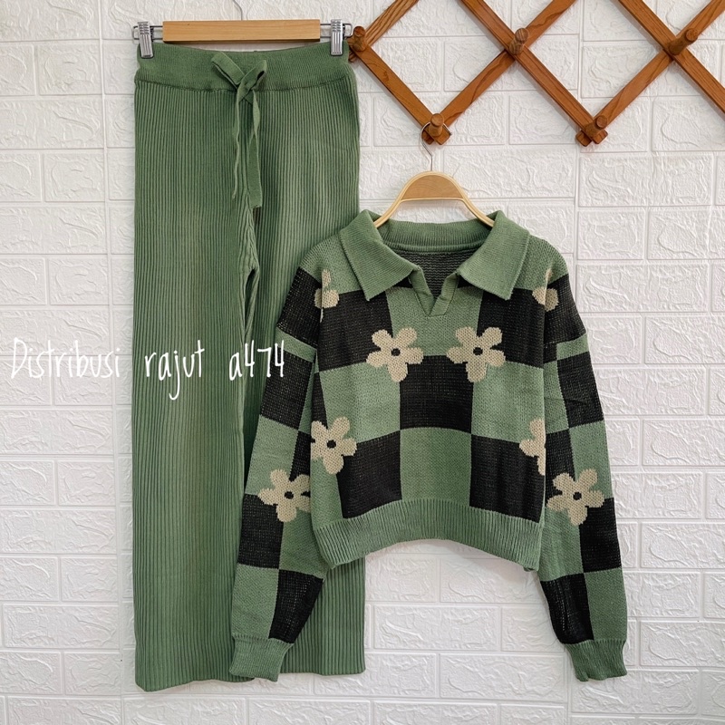 ONESET FAMELA SWEATER RAJUT BUNGA SETELAN CELANA KULOT RAJUT