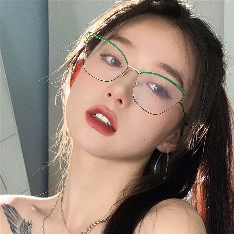 (YUZHU) Western Fashion Metal Frame Cat Eye Cutout Eyeglasses New Fashion Oversized Frame Anti Blue Light Eyeglasses for Women