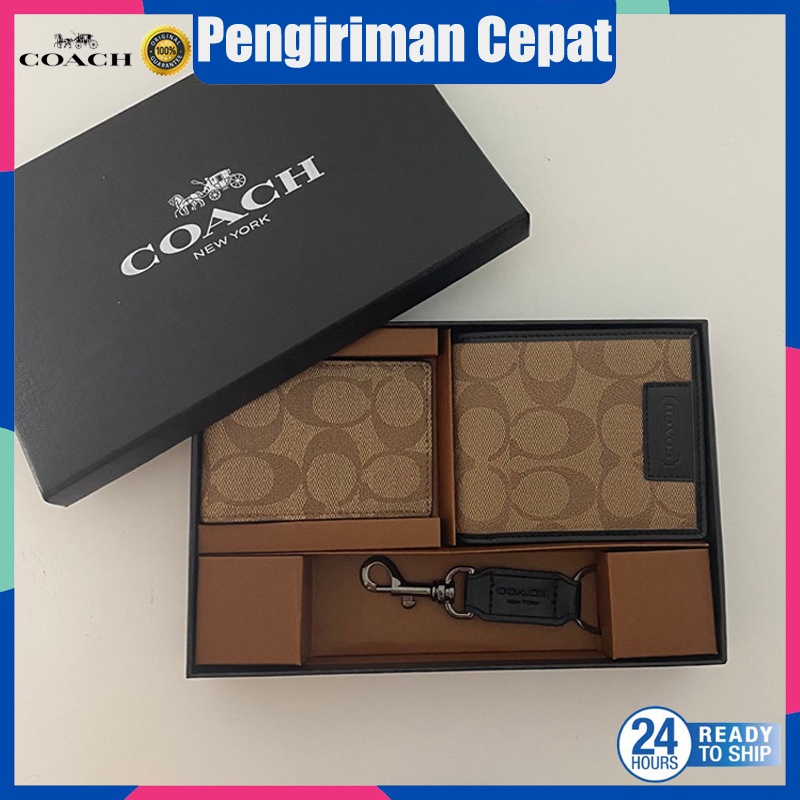 Dompet Coach Dompet Kulit PU Pria Dompet Lipat Bergaris Coklat