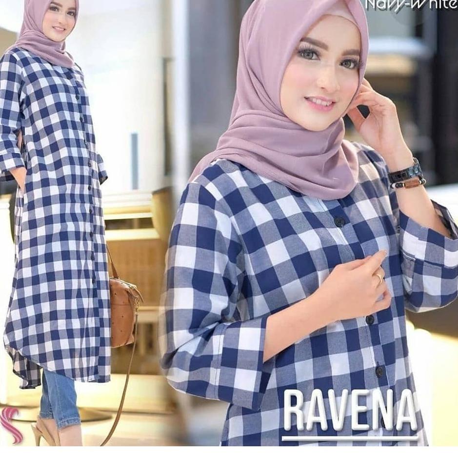 Termurah Long Tunik Ravena Kotak Kotak Square Casual Trendy
