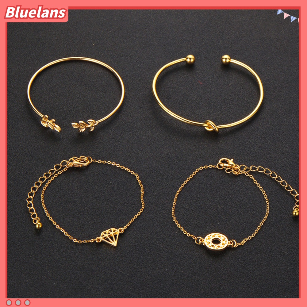 4pcs / Set Gelang Bangle Model Terbuka Bentuk Daun Simpul Berlian Gaya Retro Untuk Wanita