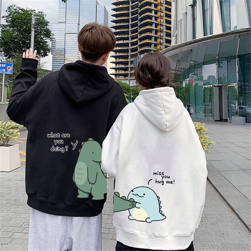 Baju Hangat Modis Musim Gugur Hoodie Dinosaurus Pasangan Atasan Kartun Korea Punk Wanita Hoodie Kawaii Longgar Antik Gadis