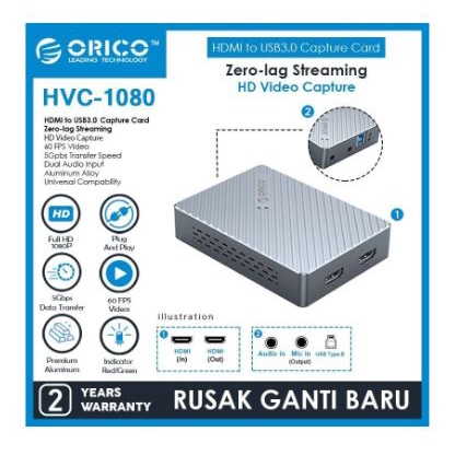 Video capture card orico hdtv usb 3.0 3.5mm audio mic loop 1080p 60hz FHD 5Gbps live streaming obs vlc vmix hvc-1080