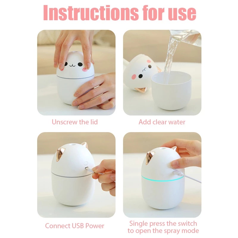 1 Pc Humidifier Pelembab Udara Aromaterapi Mini Portable 250ml Dengan Lampu Malam Dan Port Charger USB