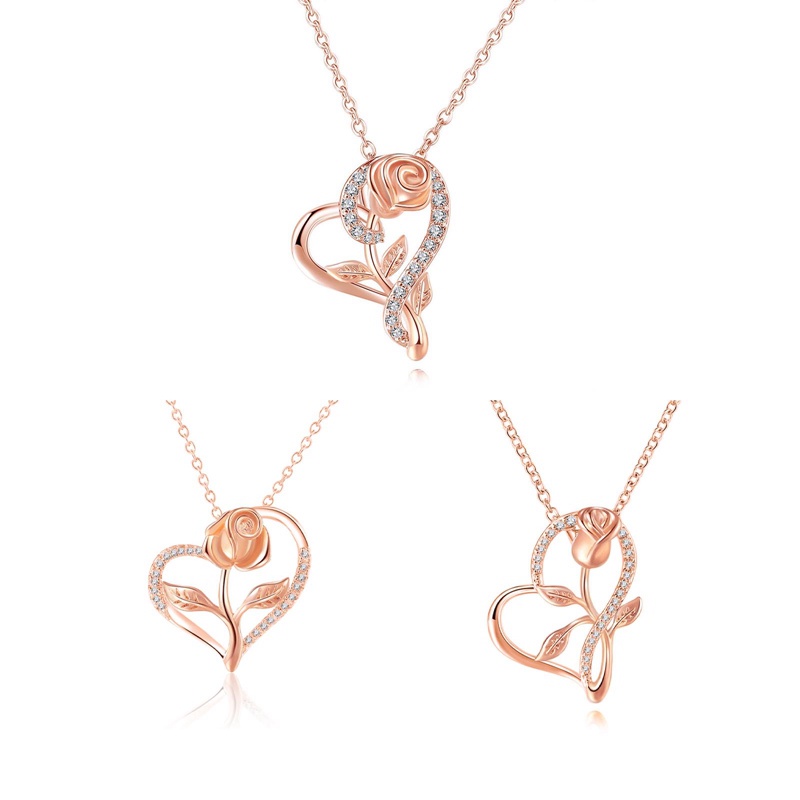 Fancyqube Kalung Liontin Hati Mawar Aksen Kristal Berlian Imitasi Warna Silver Untuk Wanita