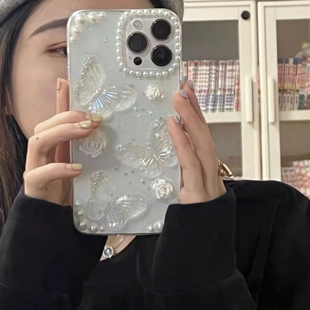 IPHONE Lucu 3D Busur Mutiara Kupu-Kupu Bening Casing Ponsel Untuk Iphone14 13 12 11 Pro Max XS Max XR X7 8plus Lensa Glitter Dilindungi Lembut Shockproof Cover