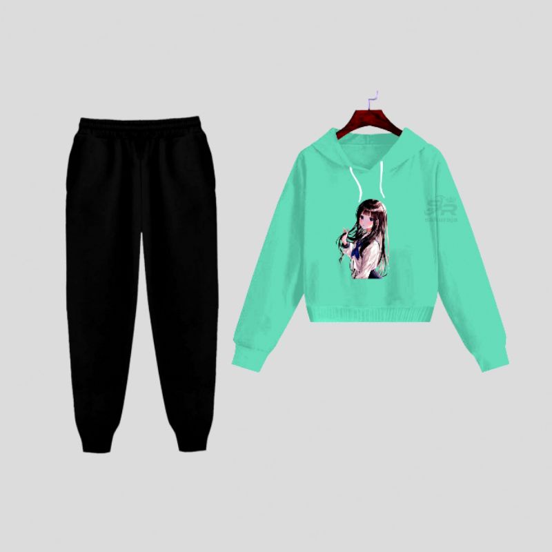 setelan sweater crop celana panjang wanita/gambar karakter Korea kekinian