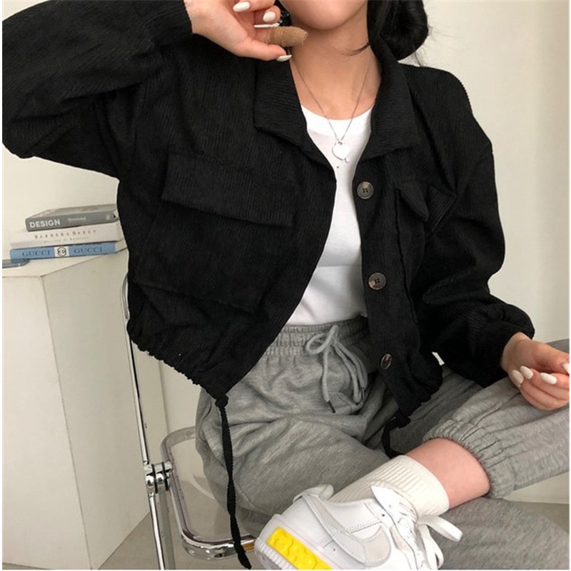 [3 color]Korean Style Jaket Korduroi Wanita Vintage Oversize Lengan Panjang Warna Solid Atasan Kekinian Corduroy Crop Kasual Jaket