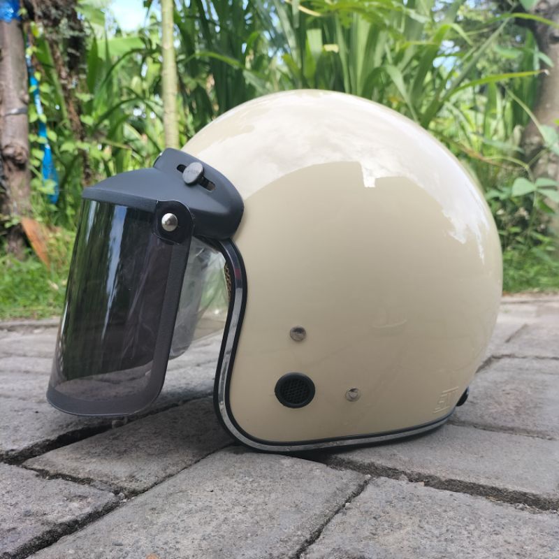 HELM BOGO LIST CHROME ORIGINAL SNI RETRO DEWASA KACA DATAR