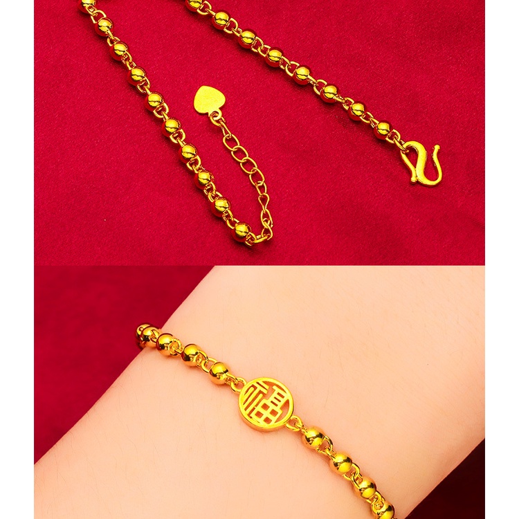 Goldkingdom Fashion Perhiasan Emas Asli Kadar 375 Bangkok Aksesoris Ready Stock Halus Manik Manik Pemain Tali Gelang Baru Wanita Buddha Manik Rantai